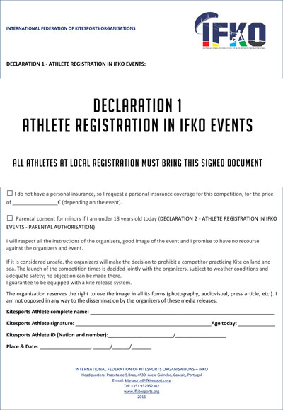 DECLARATION 1 - ATHLETE REGISTRATION IN IFKO EVENTS